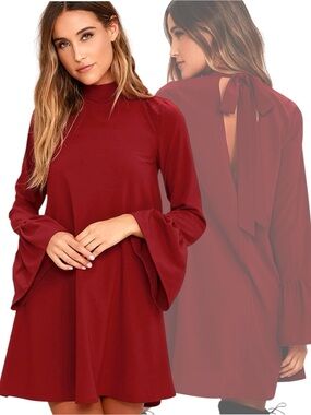 Lulus Wine Red Bell Sleeve Flowy Dress Size‎ Small